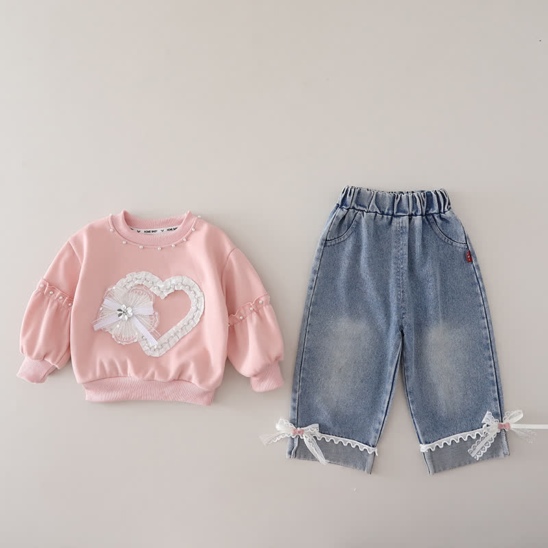 幼児用女の子向けレースハート柄スウェットシャツとデニムパンツのツーピースセット - ピンク - 4～5歳 - image 3