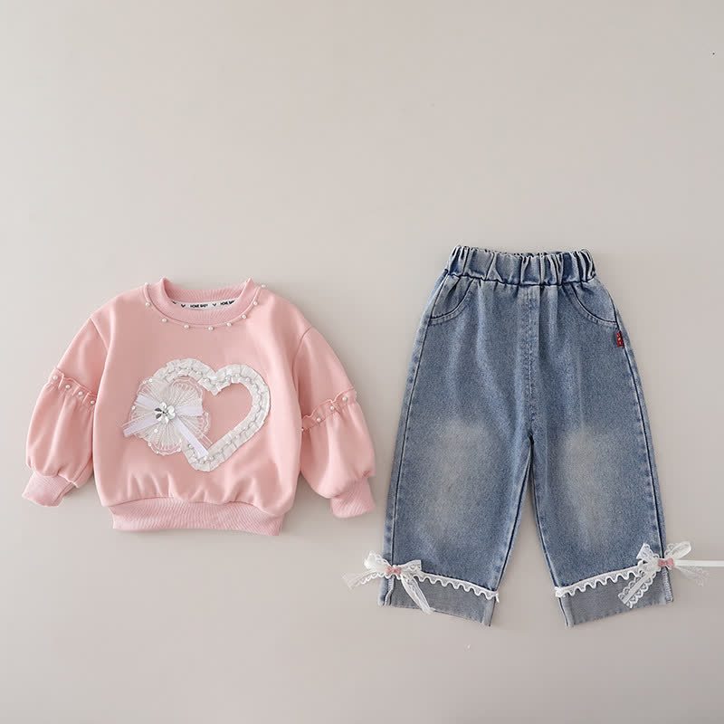 幼児用女の子向けレースハート柄スウェットシャツとデニムパンツのツーピースセット - ピンク - 4～5歳 - image 3