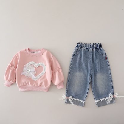 幼児用女の子向けレースハート柄スウェットシャツとデニムパンツのツーピースセット - ピンク - 4～5歳 - image 3