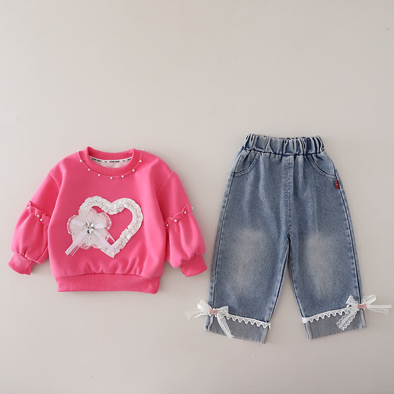 幼児用女の子向けレースハート柄スウェットシャツとデニムパンツのツーピースセット - フクシア - 4～5歳 - image 4
