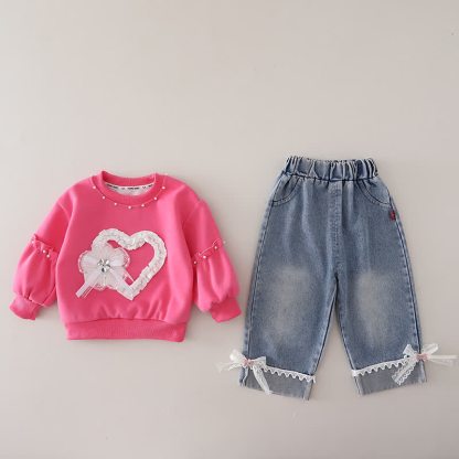 幼児用女の子向けレースハート柄スウェットシャツとデニムパンツのツーピースセット - フクシア - 4～5歳 - image 4