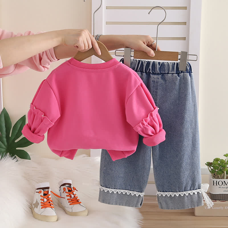 幼児用女の子向けレースハート柄スウェットシャツとデニムパンツのツーピースセット - image 5