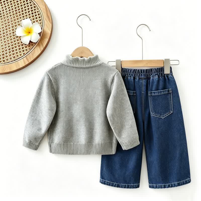 幼児用女の子向けリボンパッチ付きニットトップスとデニムパンツのツーピースセット - image 8