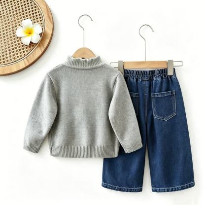 幼児用女の子向けリボンパッチ付きニットトップスとデニムパンツのツーピースセット - image 8