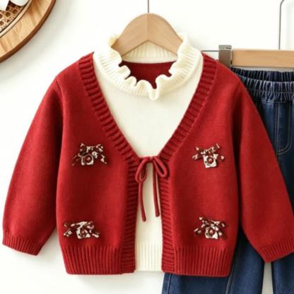 幼児用女の子向けリボンパッチ付きニットトップスとデニムパンツのツーピースセット - レッドトップ - 6～7歳 - image 5