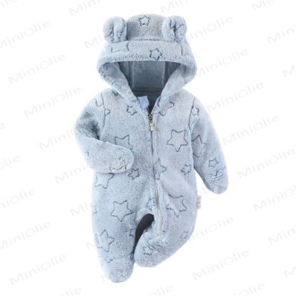 ベビー用フリース素材のフード付きクマ耳付き足つきロンパース - image 3