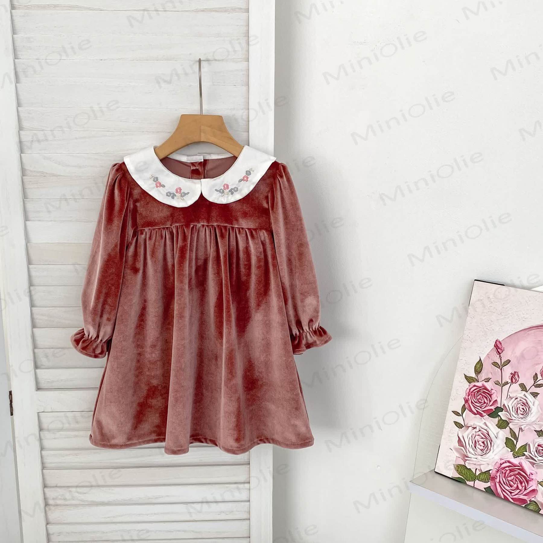 幼児用ベルベットフラワーカラーDress - 茶色 - 6～7歳 - image 9