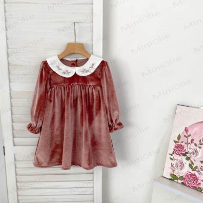 幼児用ベルベットフラワーカラーDress - 茶色 - 6～7歳 - image 9