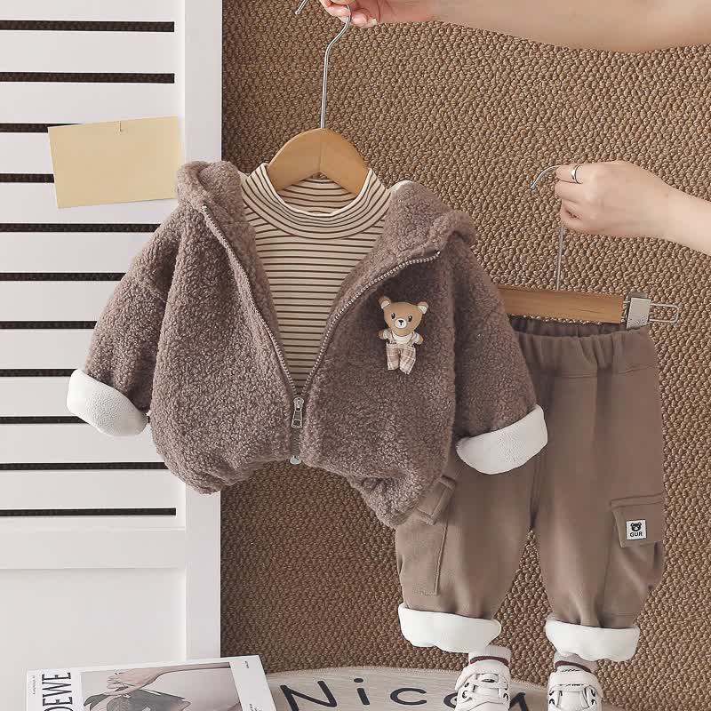 幼児用ベビーベア柄フリースフード付き暖か3点セット - 茶色 - 4～5歳 - image 3