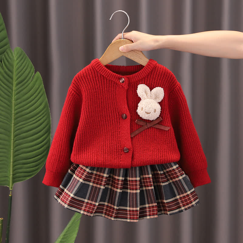 幼児用女の子向けうさぎアップリケ付きニットカーディガン＆スカート 2点セット - 赤 - 6～7歳 - image 1