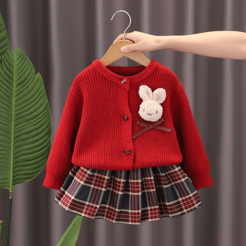 幼児用女の子向けうさぎアップリケ付きニットカーディガン＆スカート 2点セット - 赤 - 6～7歳 - image 1