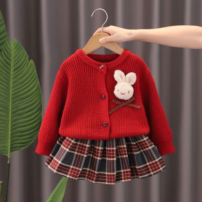 幼児用女の子向けうさぎアップリケ付きニットカーディガン＆スカート 2点セット - 赤 - 6～7歳 - image 1