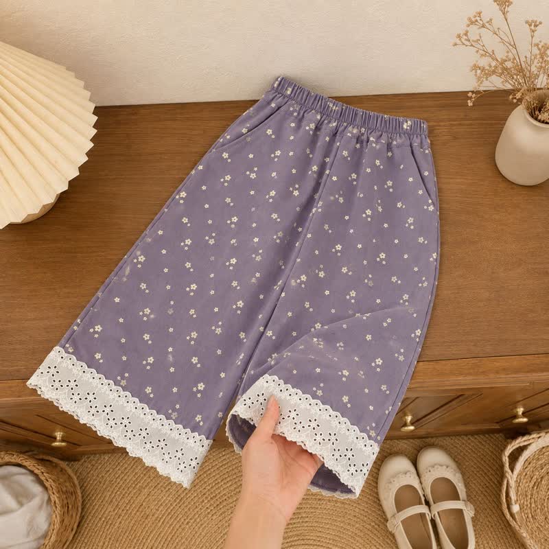 幼児用女の子用パープル花柄レース裾パンツ - 紫 - 8-9T - image 1