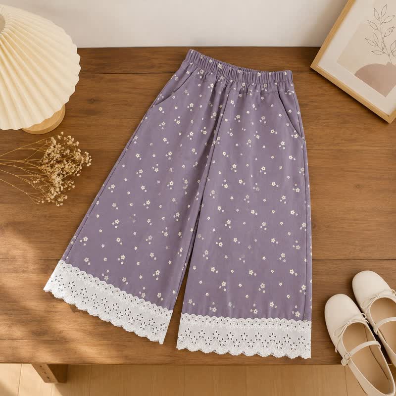 幼児用女の子用パープル花柄レース裾パンツ - image 2
