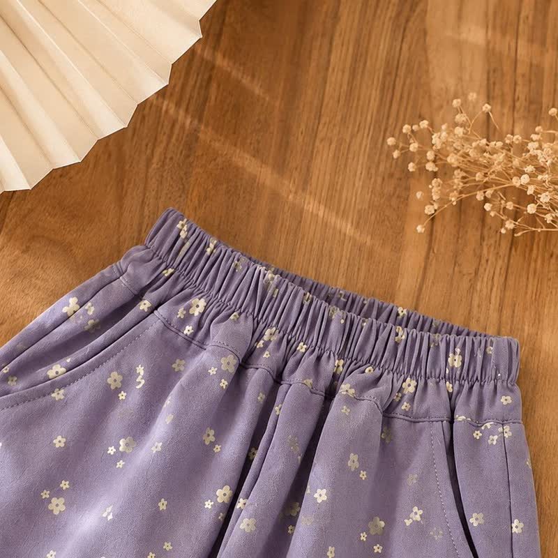 幼児用女の子用パープル花柄レース裾パンツ - image 3