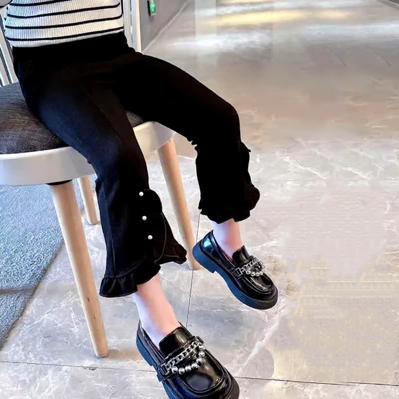 幼児用女の子向けパールトリム付きフリル裾フレアパンツ - 黒 - 6～7歳 - image 1