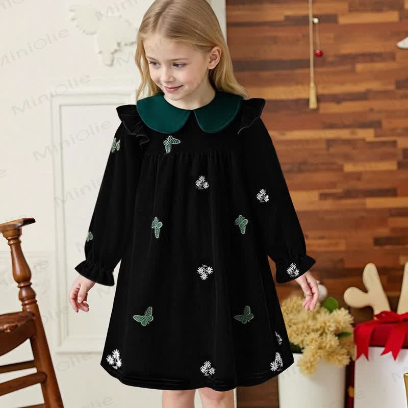 幼児用女の子向け花柄蝶柄ベルベットDress - 黒 - 6～7歳 - image 2