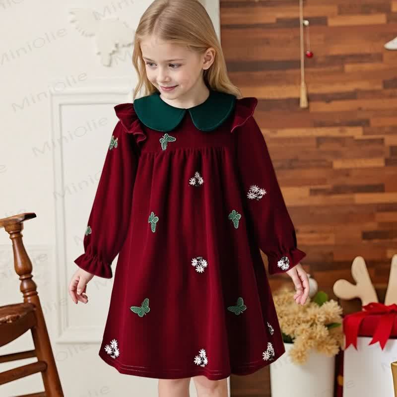 幼児用女の子向け花柄蝶柄ベルベットDress - 赤 - 6～7歳 - image 4