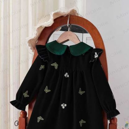 幼児用女の子向け花柄蝶柄ベルベットDress - image 3
