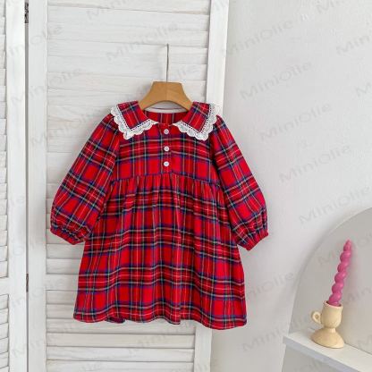 幼児用女の子タータンチェック柄レース襟Dress - 赤 - 6～7歳 - image 1