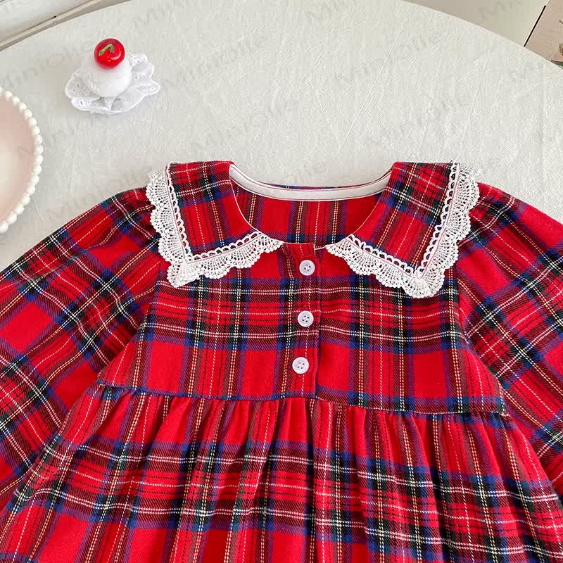 幼児用女の子タータンチェック柄レース襟Dress - image 2