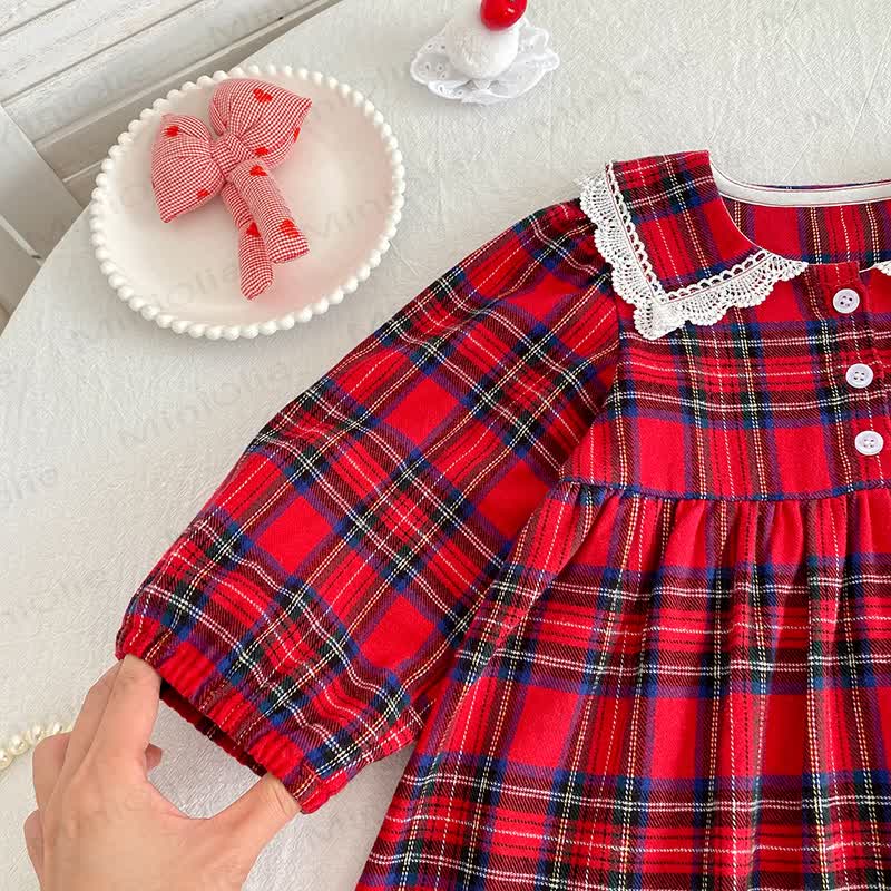 幼児用女の子タータンチェック柄レース襟Dress - image 3