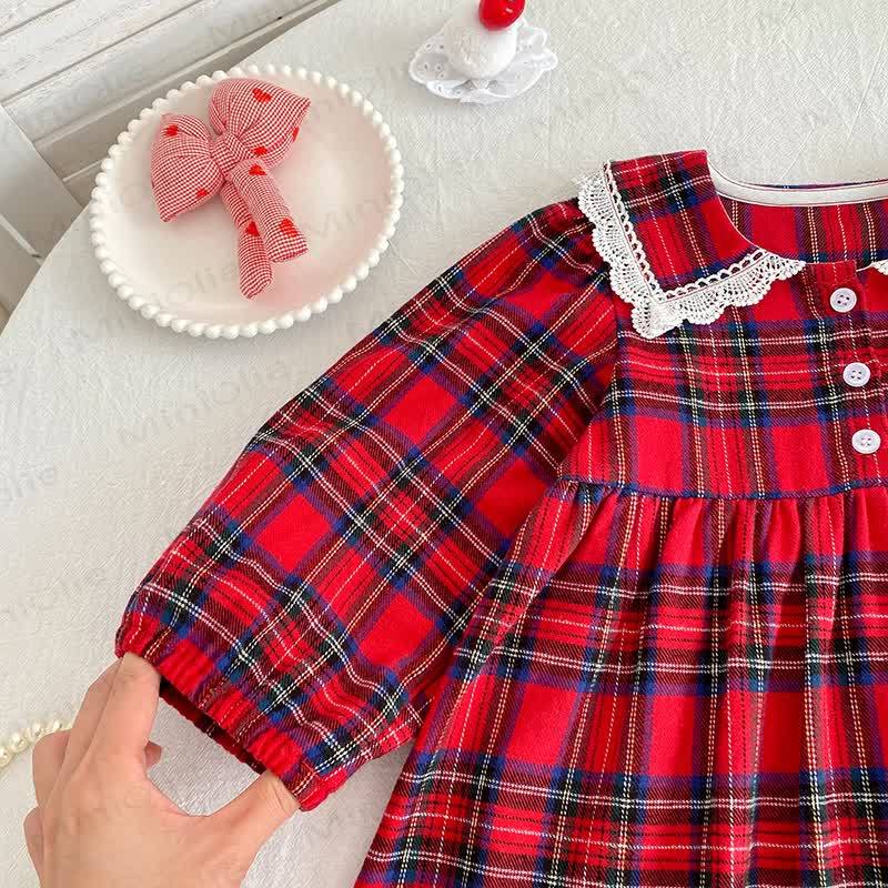 幼児用女の子タータンチェック柄レース襟Dress - image 3