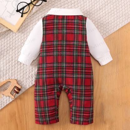 男の子用クリスマスタータンチェック柄蝶ネクタイロンパース - image 3