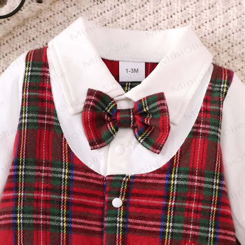 男の子用クリスマスタータンチェック柄蝶ネクタイロンパース - image 4