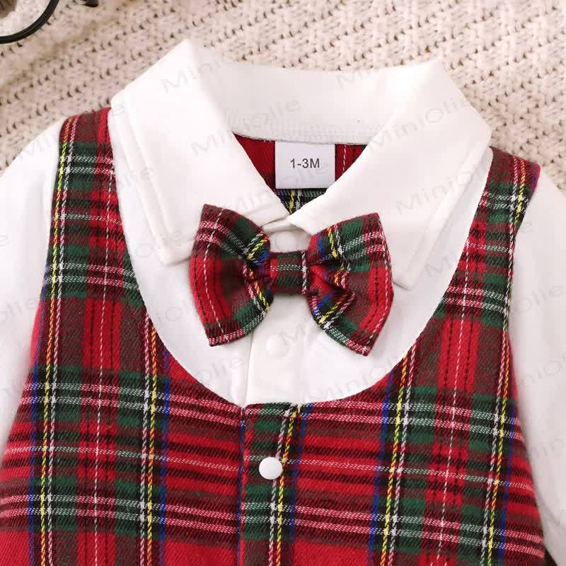 男の子用クリスマスタータンチェック柄蝶ネクタイロンパース - image 4