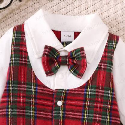 男の子用クリスマスタータンチェック柄蝶ネクタイロンパース - image 4