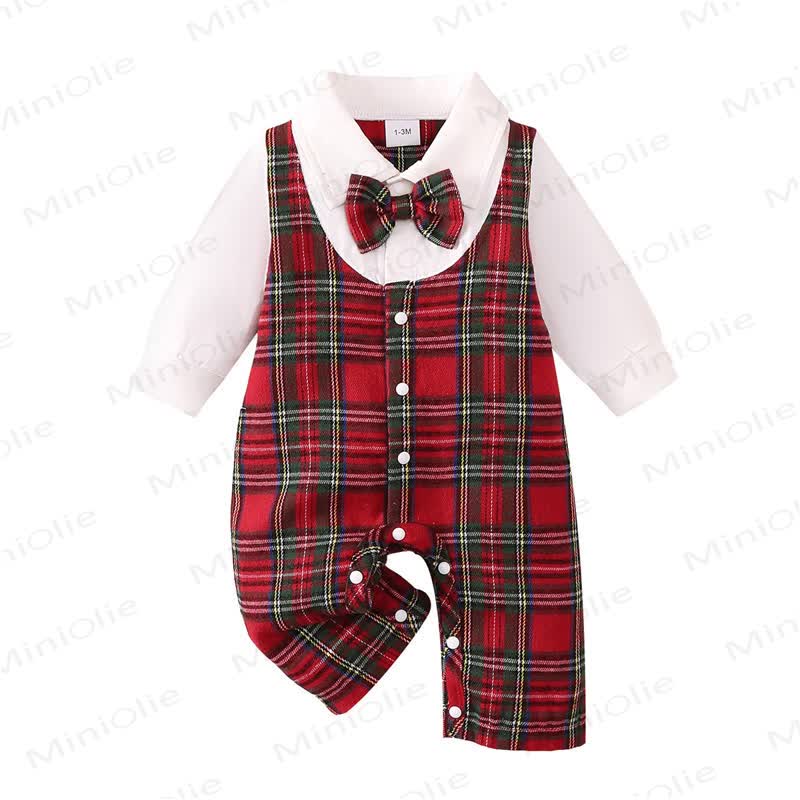 男の子用クリスマスタータンチェック柄蝶ネクタイロンパース - image 2