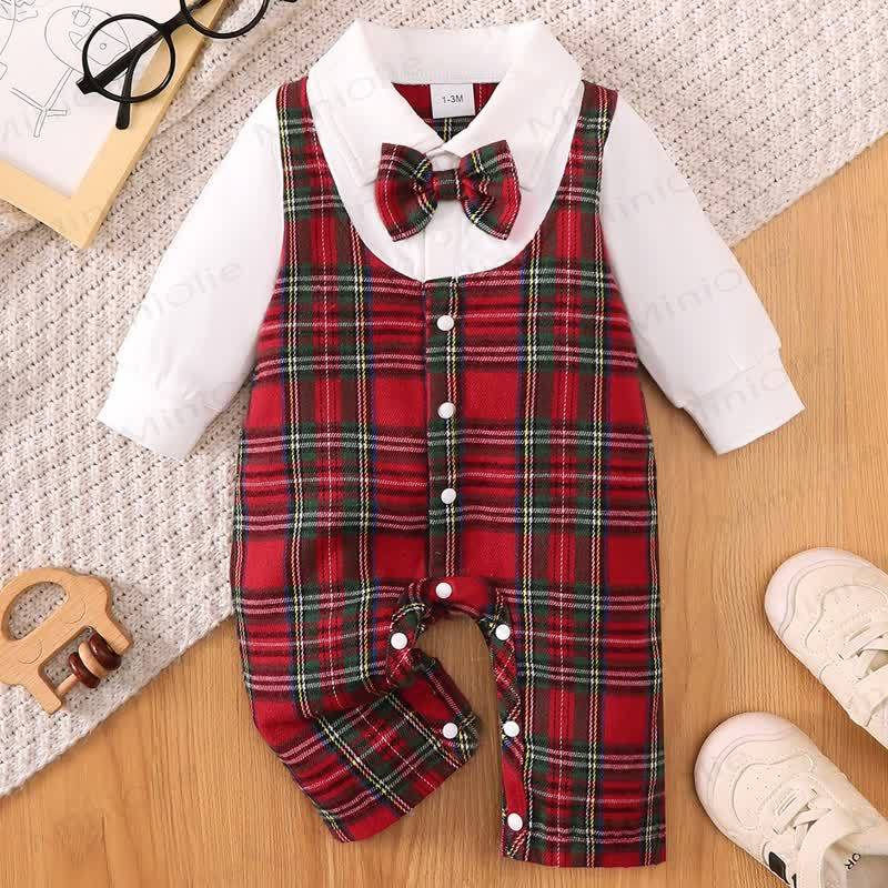 男の子用クリスマスタータンチェック柄蝶ネクタイロンパース - 赤 - 12～18ヶ月 - image 1