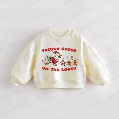 FESTIVE GOOSE ON THE LOOSE幼児用クリームスウェットシャツ - クリーム - 3～5歳 - image 1