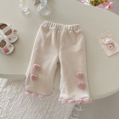 幼児用女の子向けハートアップリケフリースパンツ - ベージュ - 4～5歳 - image 3