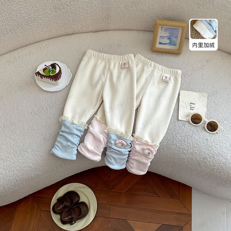 幼児用女の子向けフリース素材のコントラストカラーパイルレースレギンス - image 1