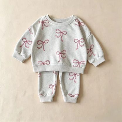 幼児用女の子向けリボン柄スウェットシャツとジョガーパンツのツーピースセット - グレー - 8-10T - image 4