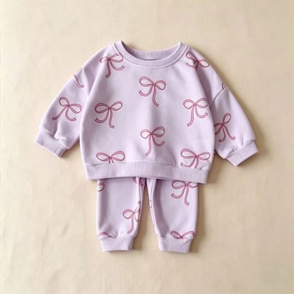 幼児用女の子向けリボン柄スウェットシャツとジョガーパンツのツーピースセット - 紫 - 8-10T - image 5