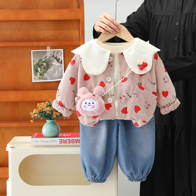 幼児用女の子向けうさぎハート柄コーデュロイカーディガンとデニムパンツの3点セット - ピンク - 4～5歳 - image 2