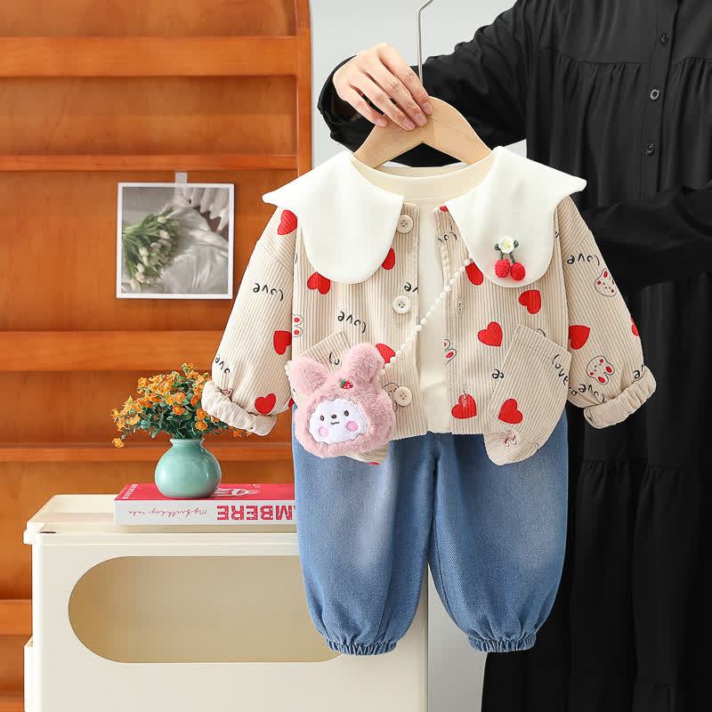 幼児用女の子向けうさぎハート柄コーデュロイカーディガンとデニムパンツの3点セット - ベージュ - 4～5歳 - image 3