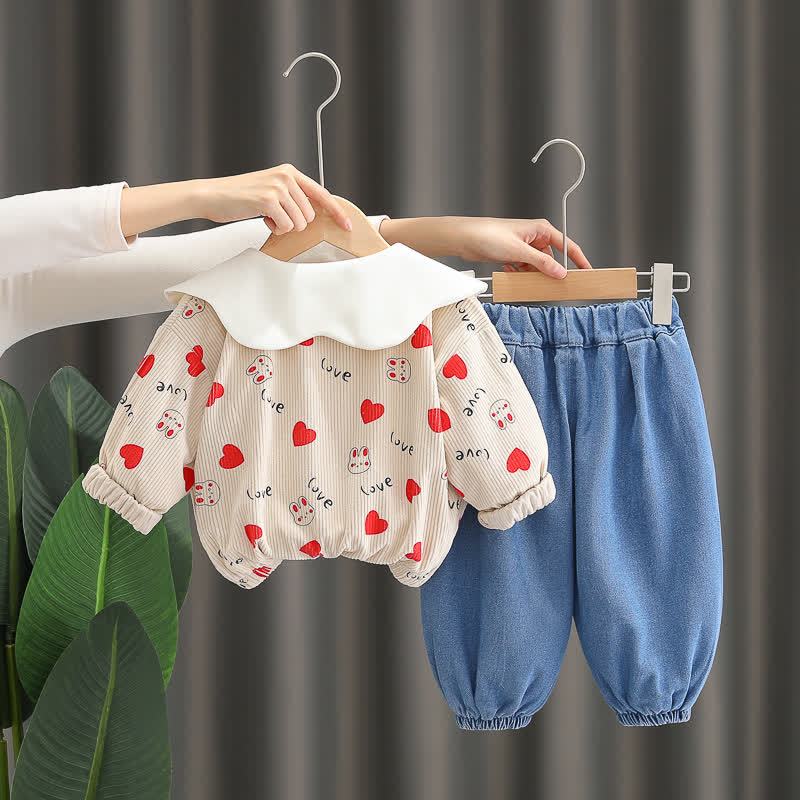 幼児用女の子向けうさぎハート柄コーデュロイカーディガンとデニムパンツの3点セット - image 4