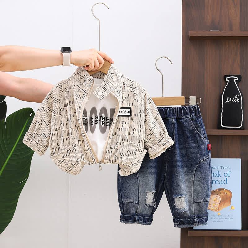 幼児男の子用コーデュロイジップジャケットとデニムジョガーパンツの3点セット - ベージュ - 4～5歳 - image 4