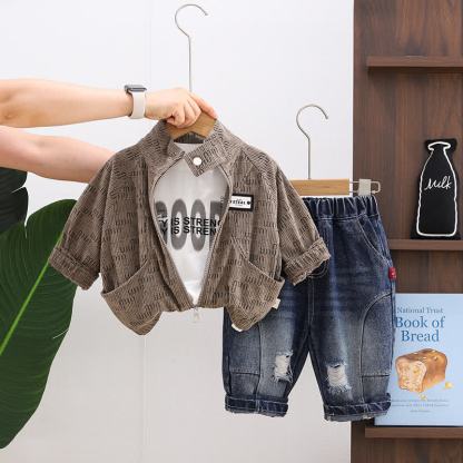 幼児男の子用コーデュロイジップジャケットとデニムジョガーパンツの3点セット - 茶色 - 4～5歳 - image 3