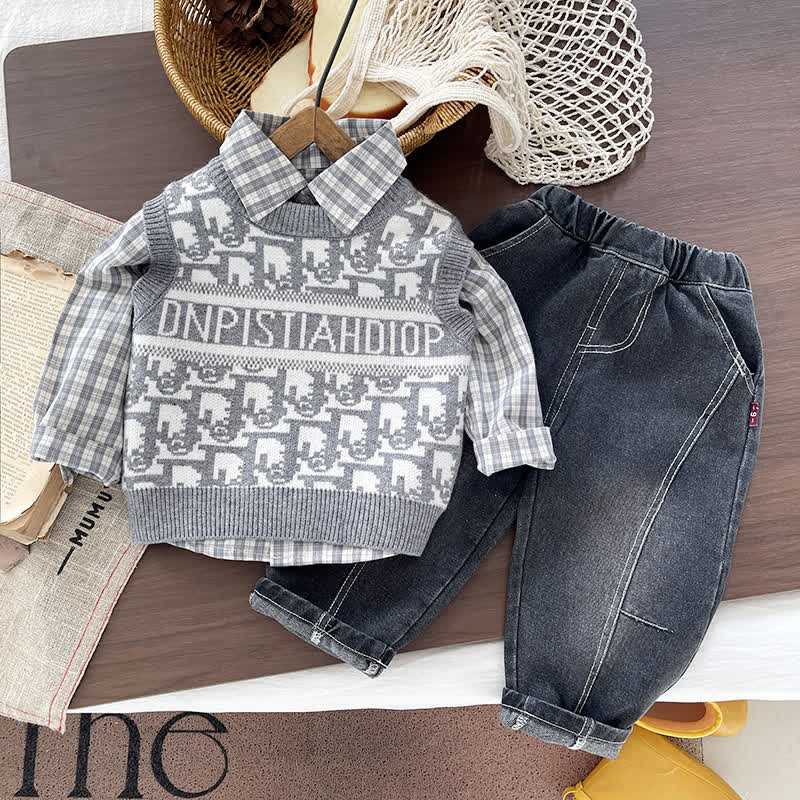 幼児男の子用チェック柄シャツとニットベストの3点セット - グレー - 4～5歳 - image 3