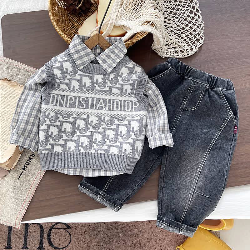 幼児男の子用チェック柄シャツとニットベストの3点セット - グレー - 4～5歳 - image 3