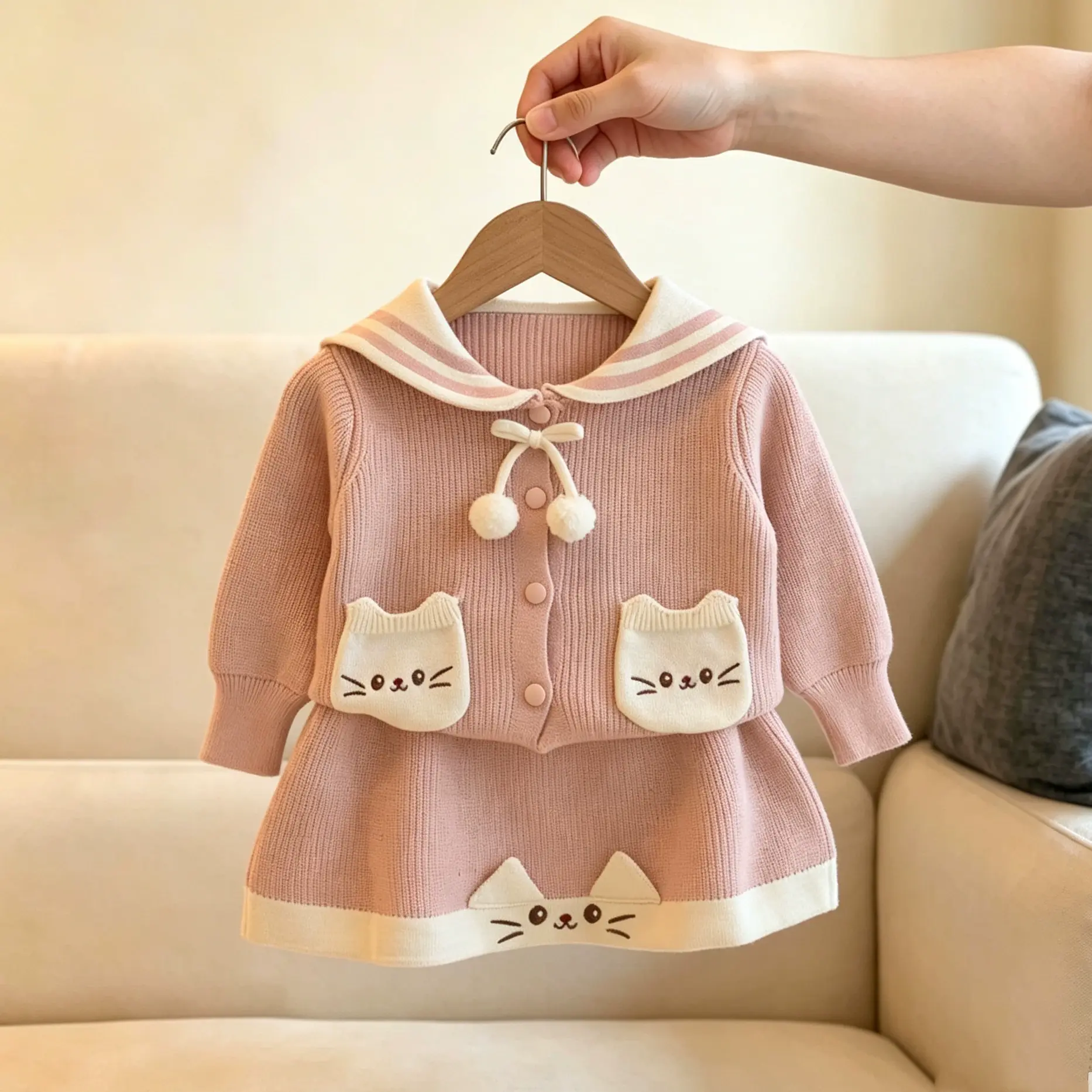 幼児用女の子向け猫柄ポケット付きセーラーカラーニットDress - ピンク - 6～7歳 - image 1