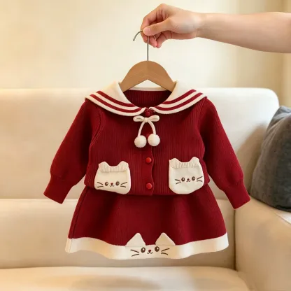 幼児用女の子向け猫柄ポケット付きセーラーカラーニットDress - 赤 - 6～7歳 - image 2