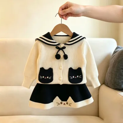 幼児用女の子向け猫柄ポケット付きセーラーカラーニットDress - 白 - 6～7歳 - image 3