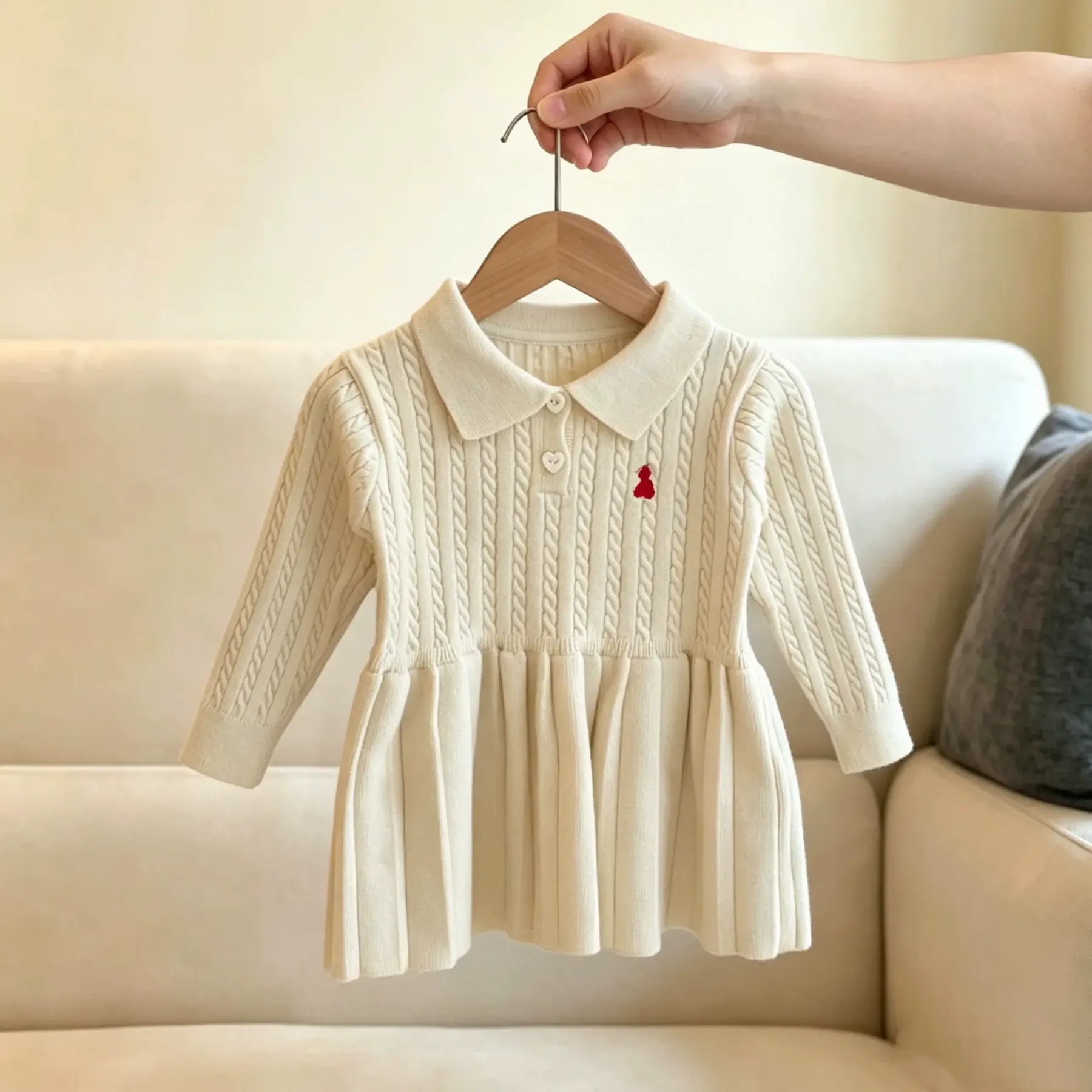 幼児用ハートボタン付きケーブルニット長袖Dress - ベージュ - 4～5歳 - image 2