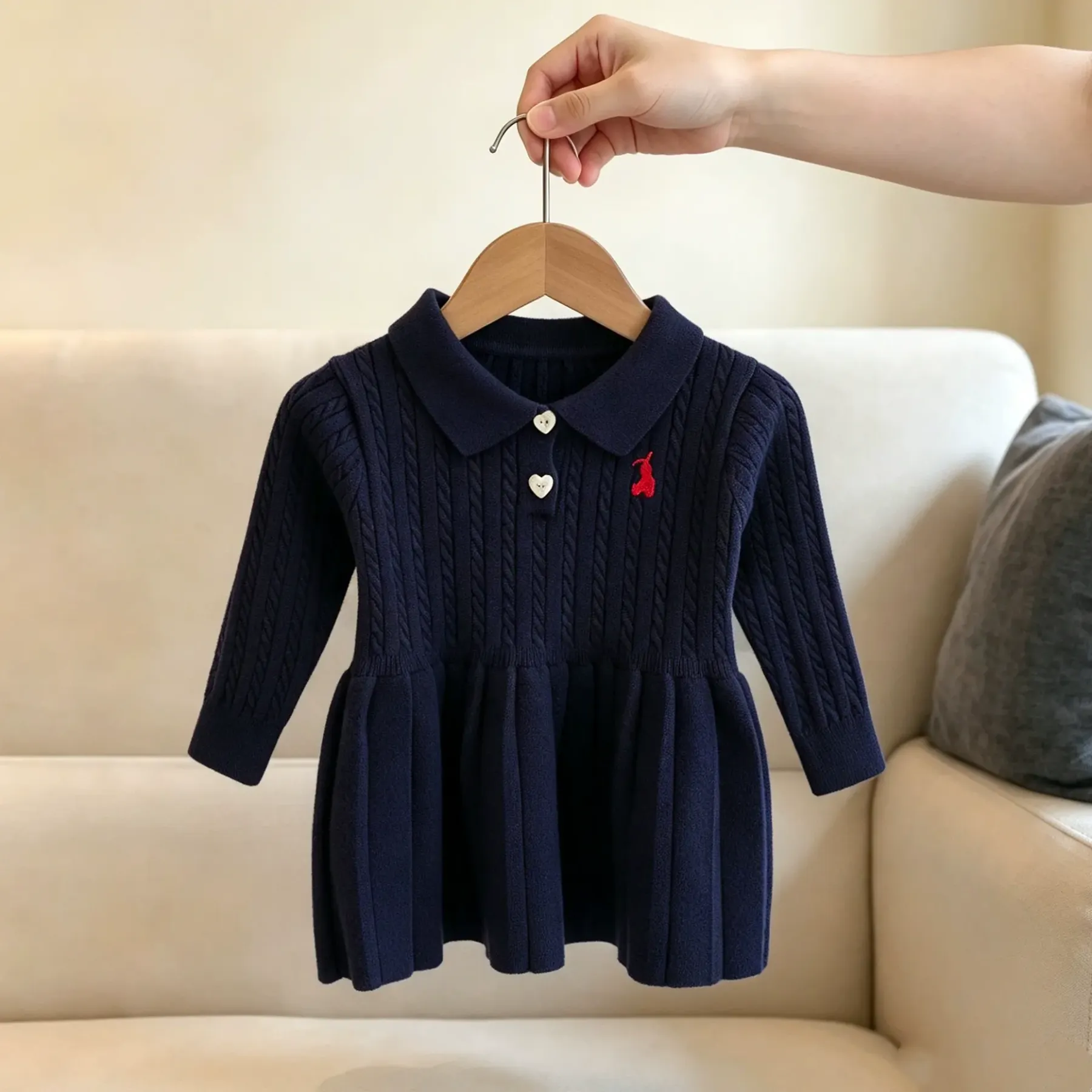 幼児用ハートボタン付きケーブルニット長袖Dress - 海軍 - 4～5歳 - image 3